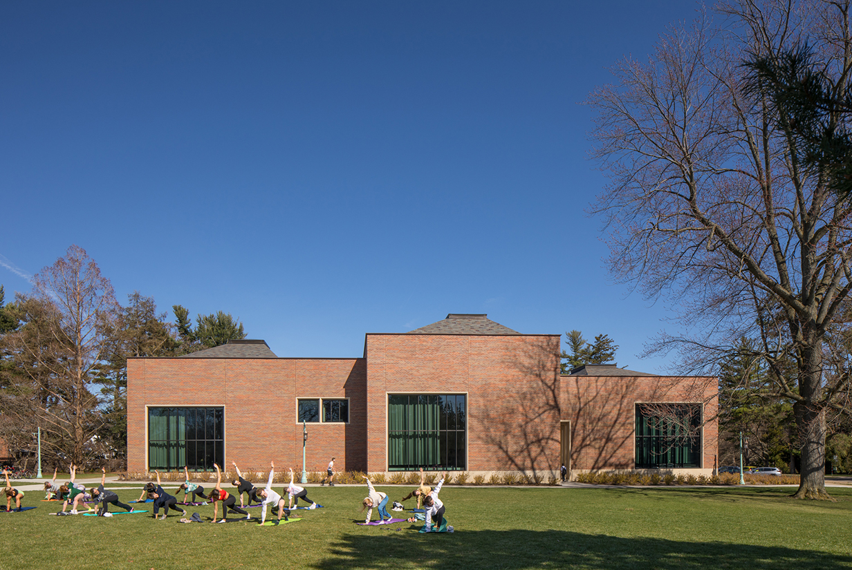 Yoga on the lawn outside Billman Music Pavilion