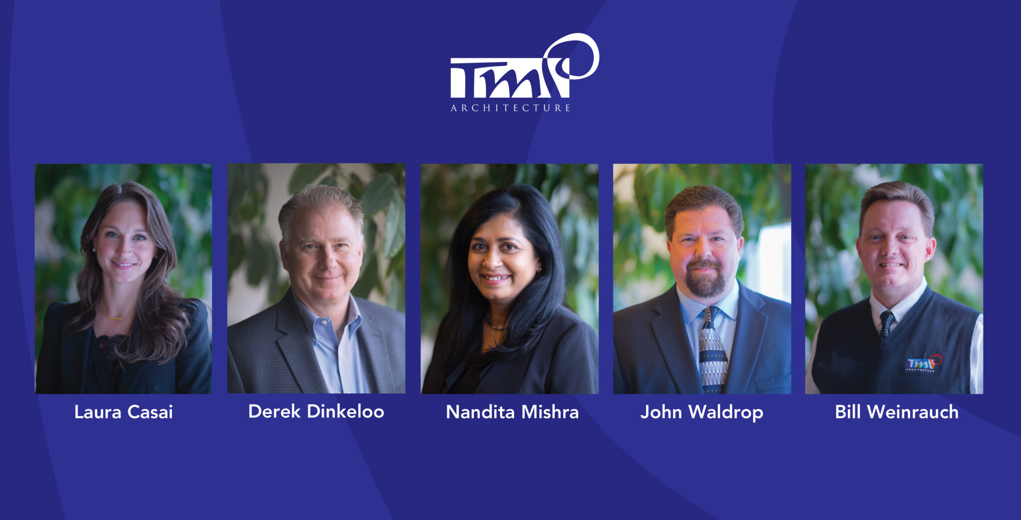 Headshots of Laura Casai, Derek Dinkeloo, Nandita Mishra, John Waldrop, and William Weinrauch for their promotion to Vice Presidents